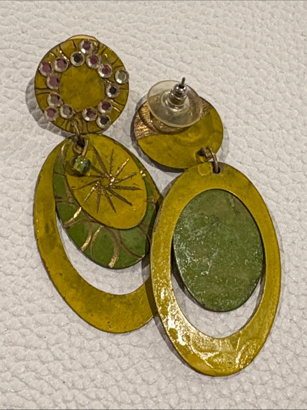 Yellow Green Boho Drop Earrings Metal / Crystal Pierced